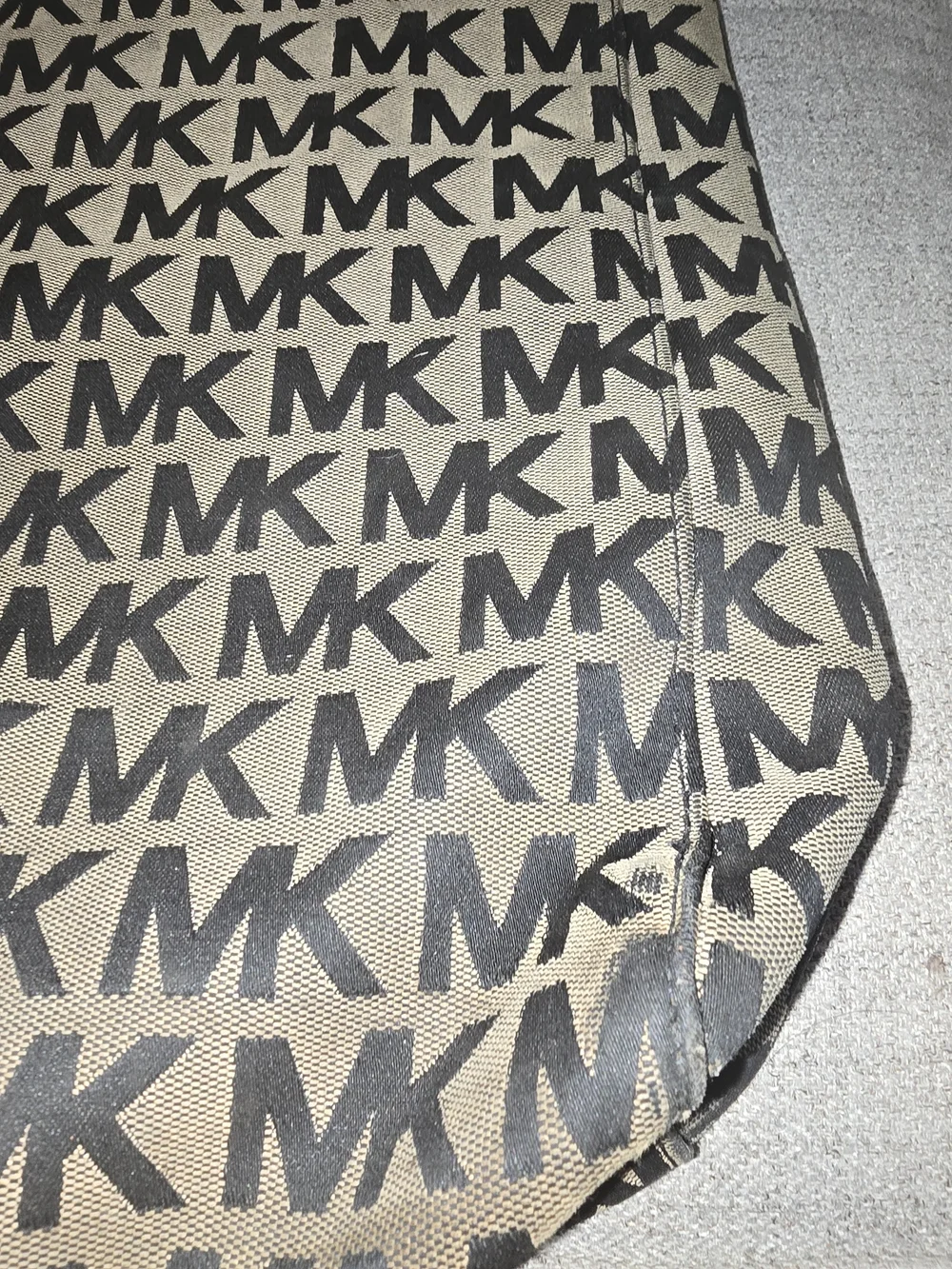 Michael Kors Tan Canvas MK Logo Tote with Black Print Used Large Travel
